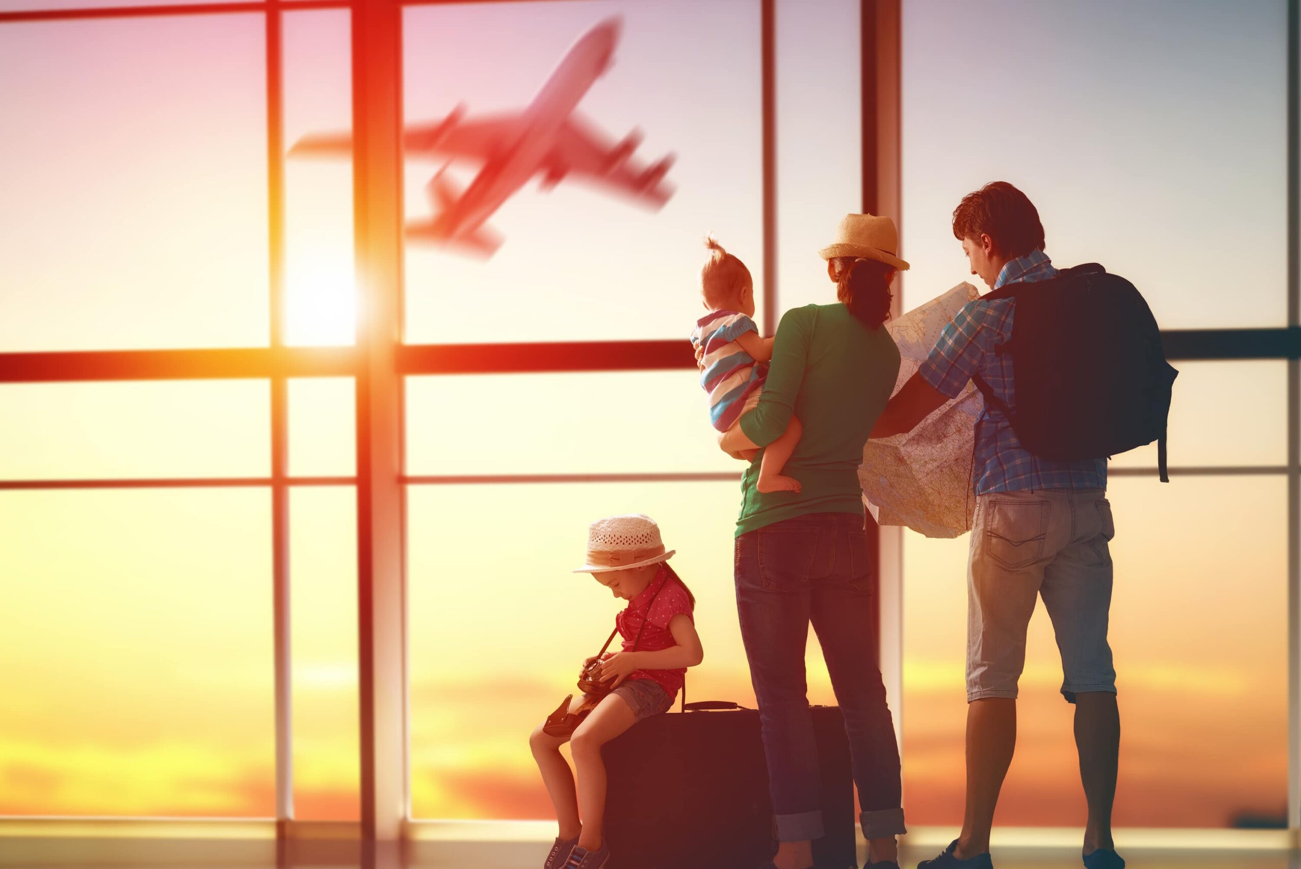 family vacation airport airplane suitcase luggage